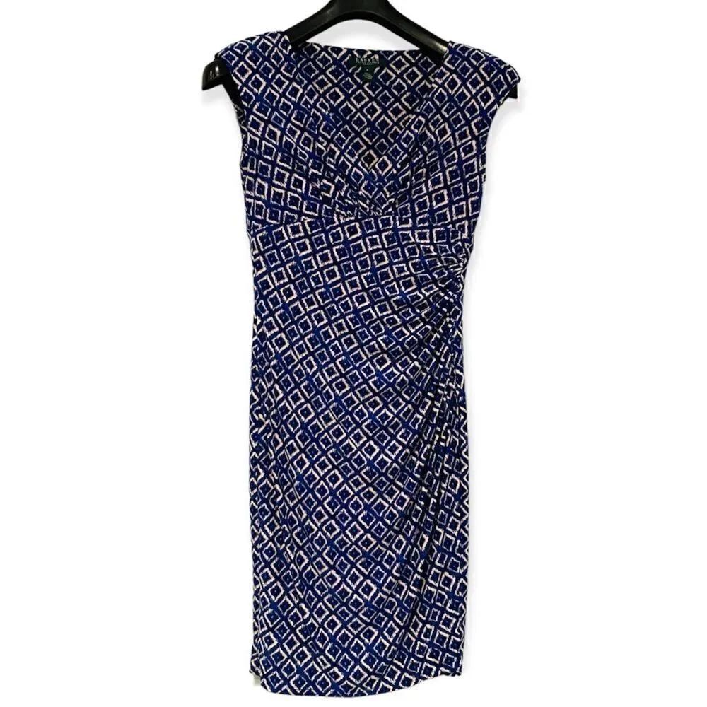 Lauren Ralph Lauren Blue Geometric Print Cap Sleeve Ruched Dress Size 6
